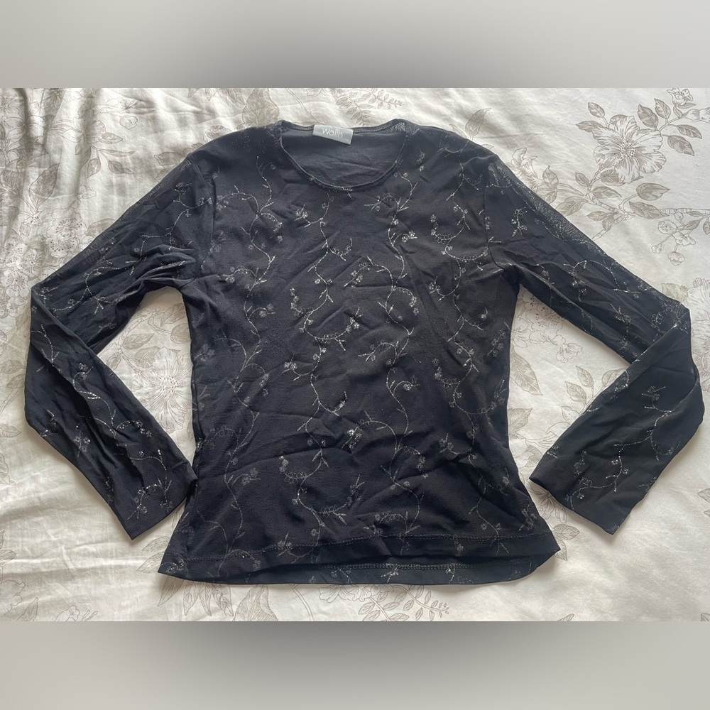Vintage Black‎ Sheer Mesh Silver Floral Glitter Top Small Whimsigoth Vamp Witch